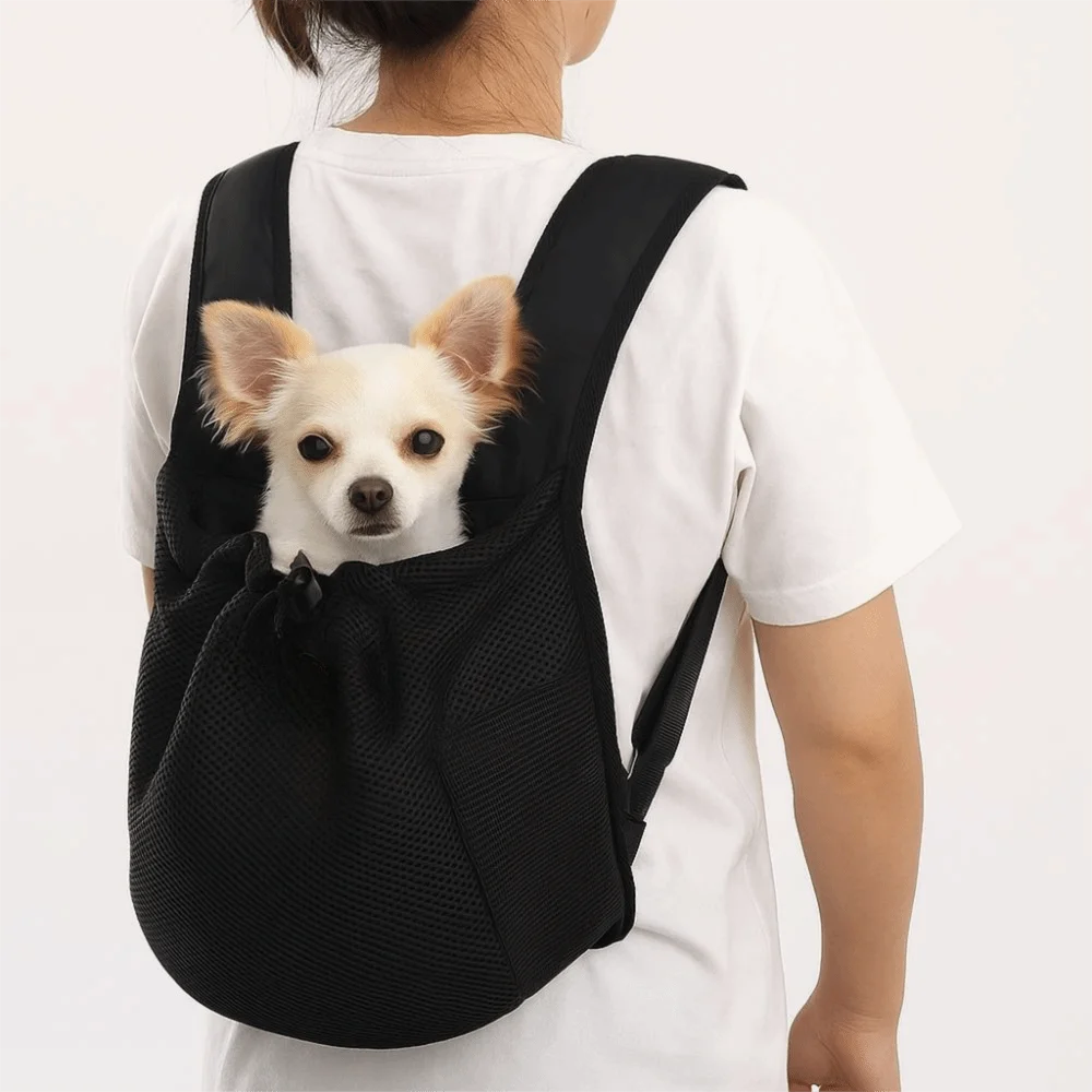 Showlu Portable Pet Travel Backpack made of breathable polyester, designed for comfortable dog carrying and travel.