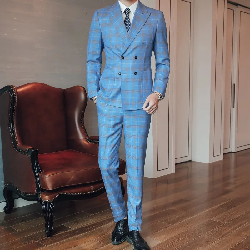 Men's British style plaid three-piece slim fit business suit by Showlu Fashion, featuring a jacket, vest, and trousers.