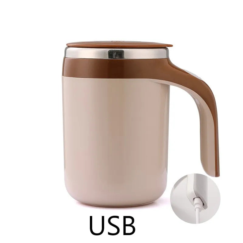 SHOWLU Rechargeable stainless steel automatic stirring coffee mug with lid and handle, designed for easy stirring and hot beverages.