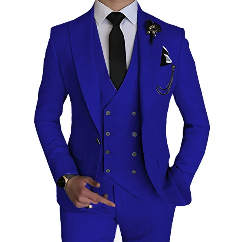 SHOWLU FASHION STORE SOLOVEDRESS men's 3-piece slim fit wedding suit with single-breasted blazer, dress shirt, and matching trousers.