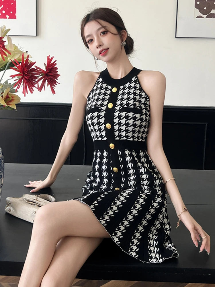 Women’s retro houndstooth knit mini dress by Showlu Fashion, elegant sleeveless halter style with gold buttons, perfect for casual or date nights.