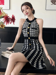 Women Retro Houndstooth Knit Mini Dress Summer Elegant Sexy Halter Gold Button Slim A-line Short Dresses Date Party Casual Daily