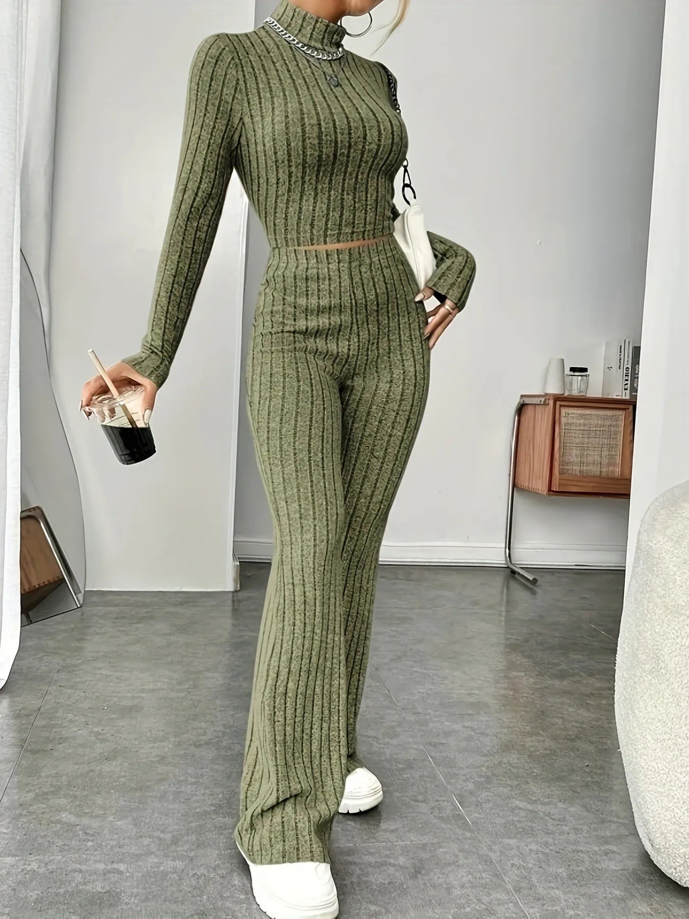 Autumn knitted two-piece bodycon suit for women, featuring vintage long sleeve crop top and flare pants, stylish Y2K stretch tracksuit