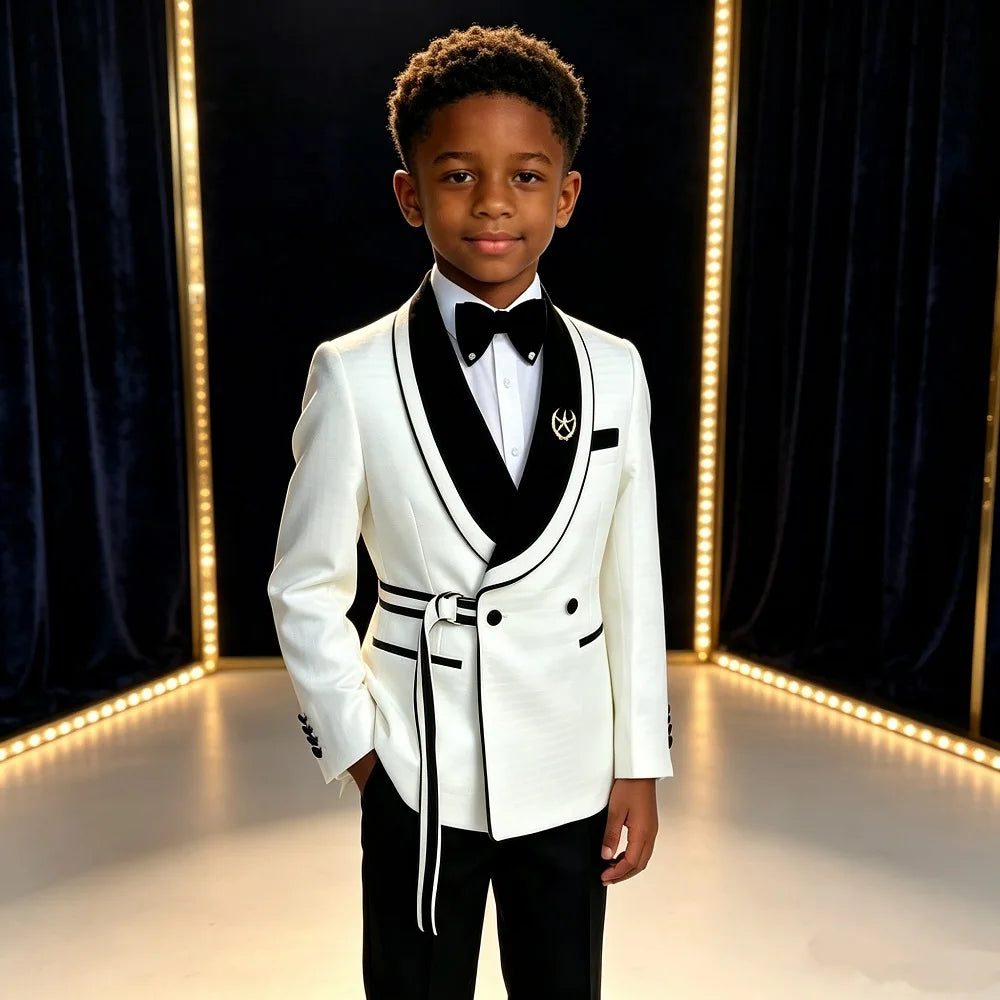 Plaid Double Breasted Boys Wedding Tuxedo 2 Pieces Slim Fit Kids Formal Suit With Velvet Lapel For Groom Prom Banquet Party