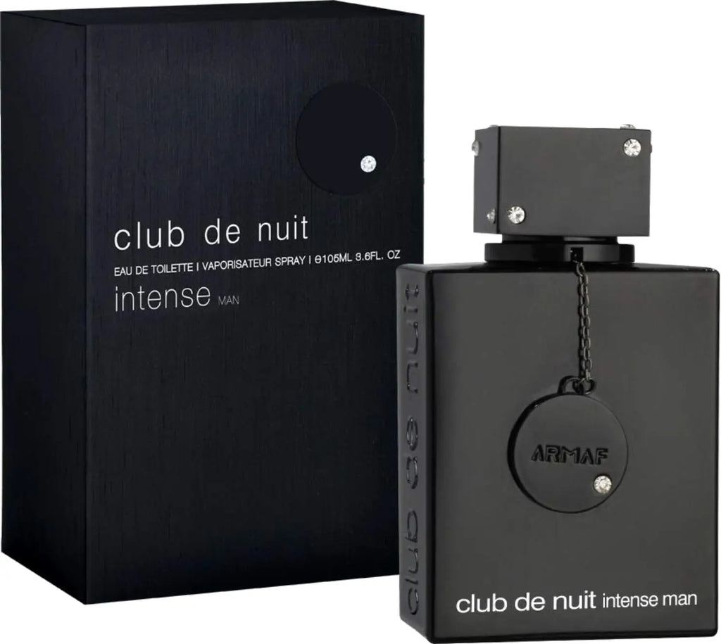 Armaf Club De Nuit Intense Man Eau de Toilette bottle showing woody spicy fragrance, 3.6oz, with sleek dark packaging.
