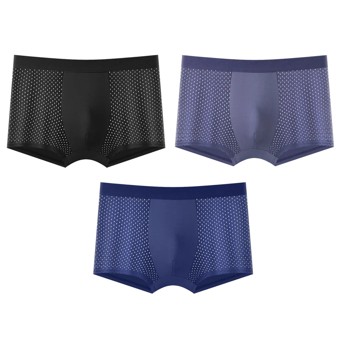 Showlu Men's Ice Silk Mesh Boxer Shorts in breathable, lightweight fabric, displayed in a 3-pack arrangement.