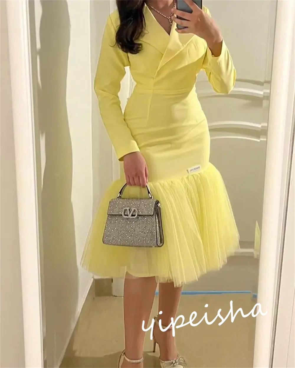 Customized Jiayigong satin mermaid evening gown with V-neck, tea length, perfect for formal occasions, by Showlu Fashion Store.