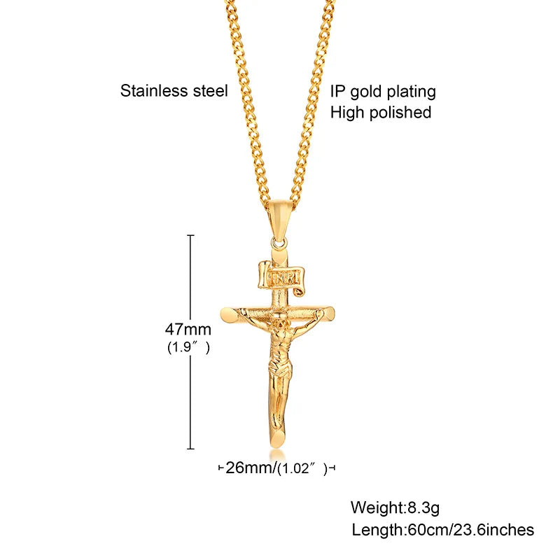 Stainless steel Catholic cross necklace with Jesus pendant in gold color, faith jewelry for men and women, prayer and gift accessory