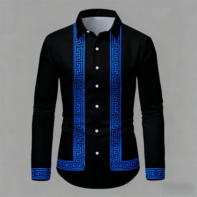Men's retro geometric print long-sleeve shirt in black and white, slim fit, stylish casual top from Showlu Fashion Store.
