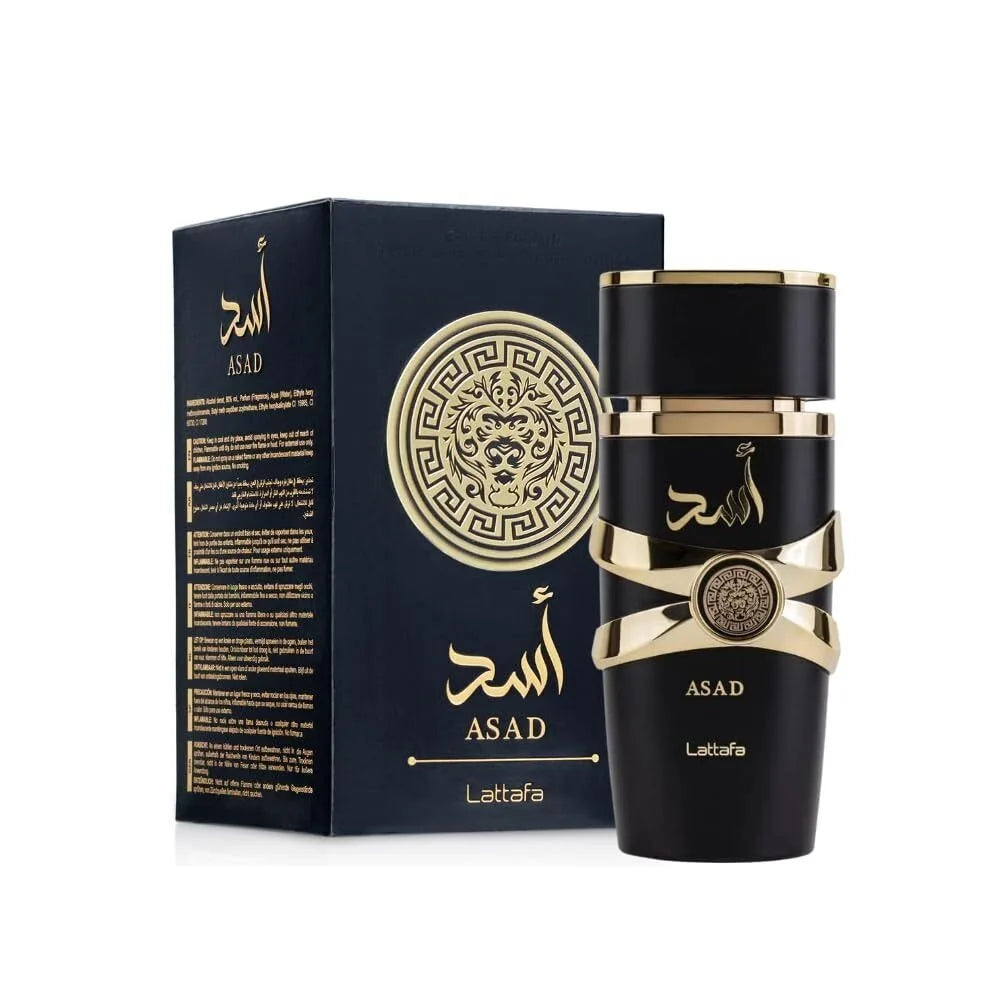 Unisex Lattafa Asad Black Edition Eau De Parfum bottle with floral scent, 3.4 oz, showcasing sleek black packaging
