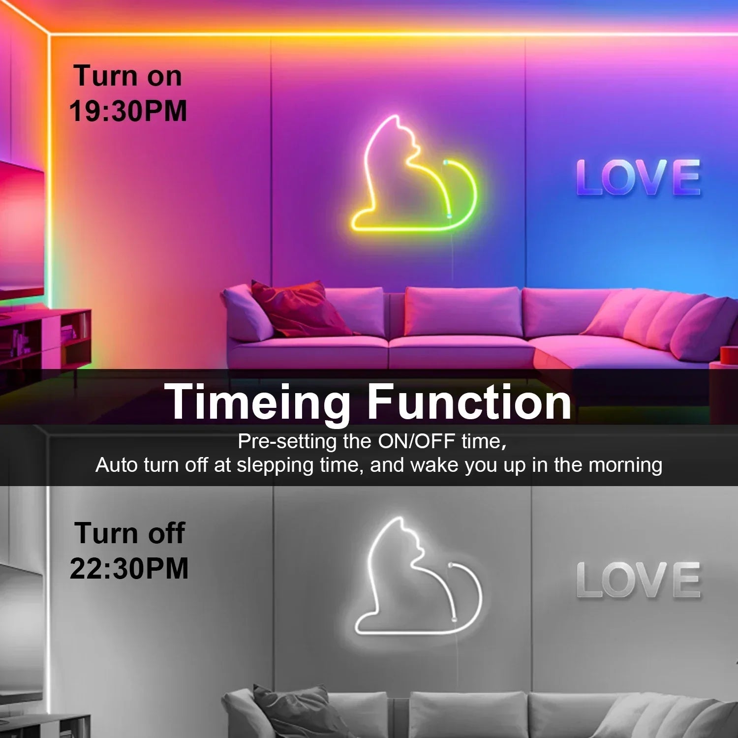 Showlu Smart RGBIC Neon LED strip light with Bluetooth app control, 5V, colorful lighting on a sleek surface.