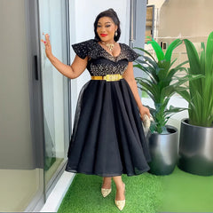 African Dress Long Dresses V Neck Women Africa Summer Splice Slim Fit Solid Regular A Line Party Sexy Vestidos Tight Waist Belt