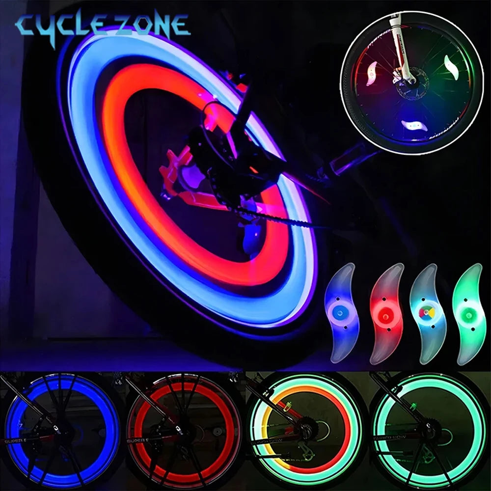 Showlu Smart General bicycle spoke LED wheel light flashing on a bike tire, creating bright, colorful tire illumination.