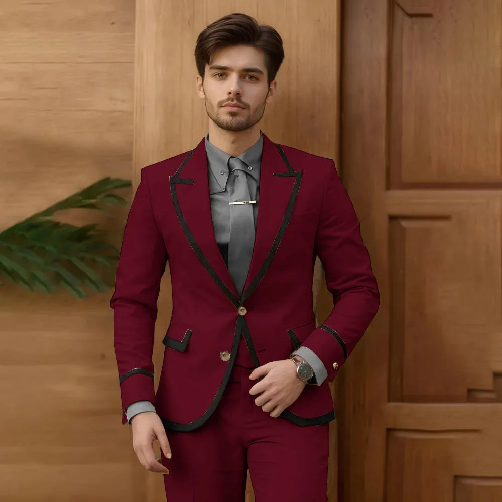 Beige men's slim fit fashion suit with single-breasted blazer and matching pants, ideal for groomsmen, prom, or wedding attire.