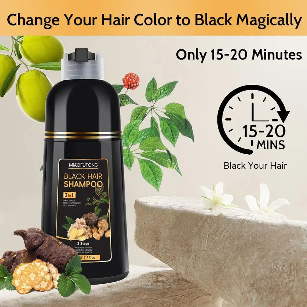 Polygonum Multiflorum natural black hair dye shampoo by SHOWLU FASHION STORE, 500ml, showing the bottle and product label.