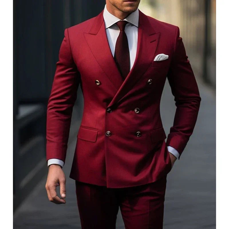 Red Double  Peak Lapel Regular Length Wedding Outfits Elegant Blazer High Quality 2025 2 Piece Jacket Pants Formal Party SHOWLU FASHION STORE