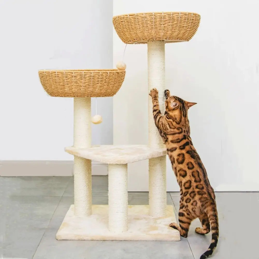 Showlu Fashion's SHENGOCASE cat tree tower with a rattan wicker basket bed for large cats, featuring a cozy, elevated lounge area.