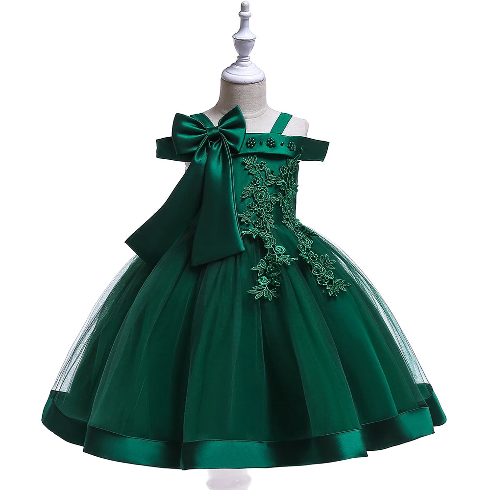 Elegant girls' party dress by Showlu Fashion with bow and flower details, perfect for weddings, birthdays, and special occasions.