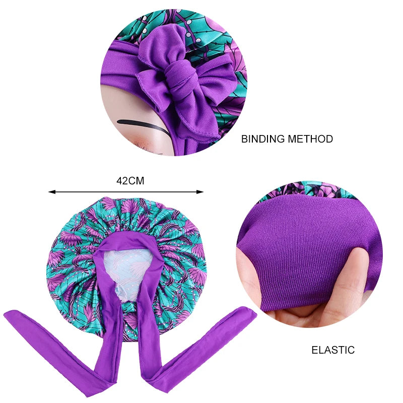 African large satin sleep cap with ribbon, elastic band, and turban style for women, perfect for night sleep and hair protection.