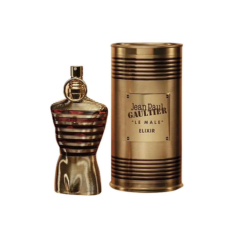 Jean Paul Gaultier Le Male Elixir men's perfume spray bottle, 4.2 oz / 125ml, sleek design with a modern fragrance presentation.