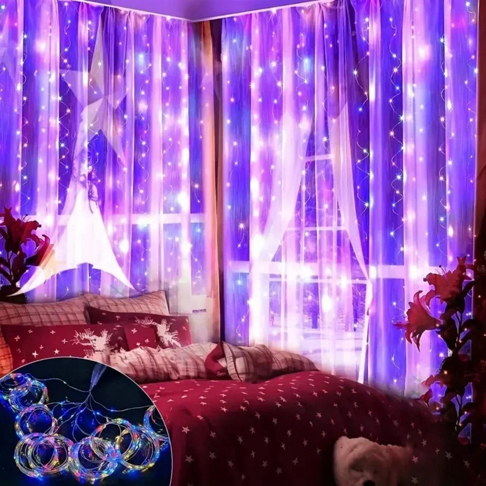 Showlu Smart General LED curtain fairy lights hanging with warm white glow, ideal for home decor and festive lighting.