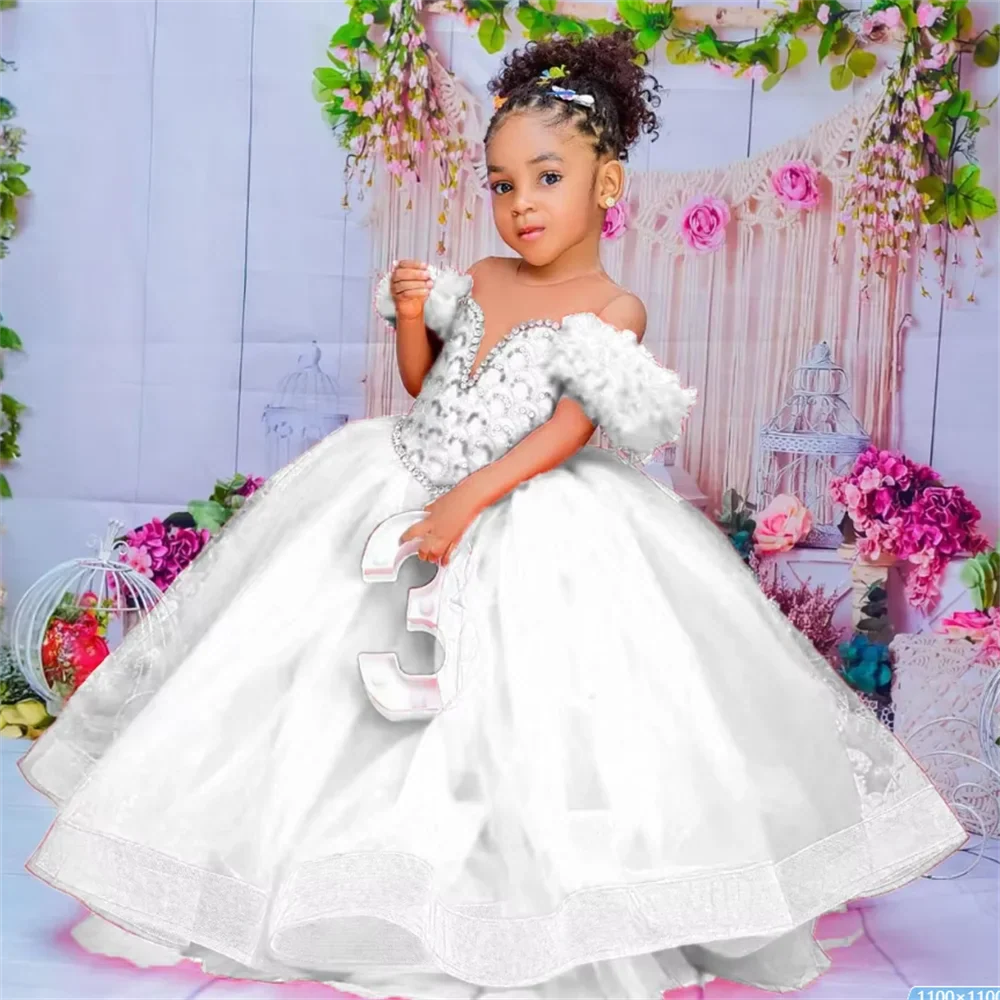 Red flower girl dress with tulle ruffles and ball gown style, designed for weddings, by SHOWLU FASHION STORE.