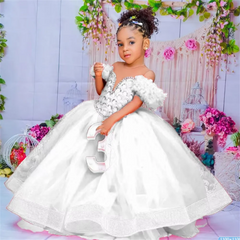 Flower Girl Dresses Red Kids Birthday Sheer Neck Pleated Ruffles Tiered Tulle Ball Gowns for Wedding