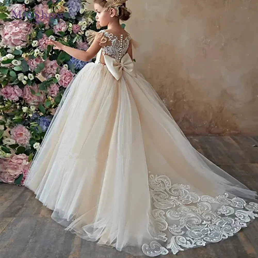 Beautiful MisShow flower girl dress by Showlu Fashion, lace and tulle princess ball gown perfect for weddings and special occasions.