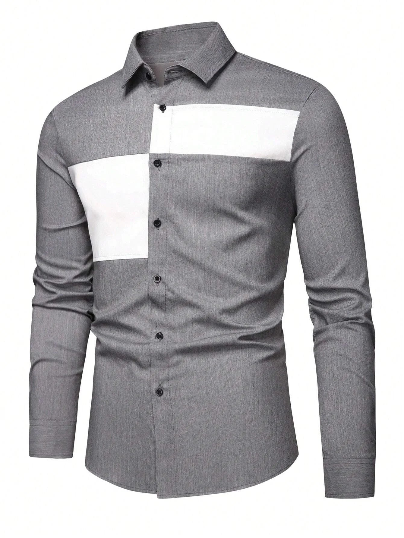 Men's patchwork striped printed shirt by Showlu Fashion Store, classic long-sleeve business casual shirt with lapel collar.