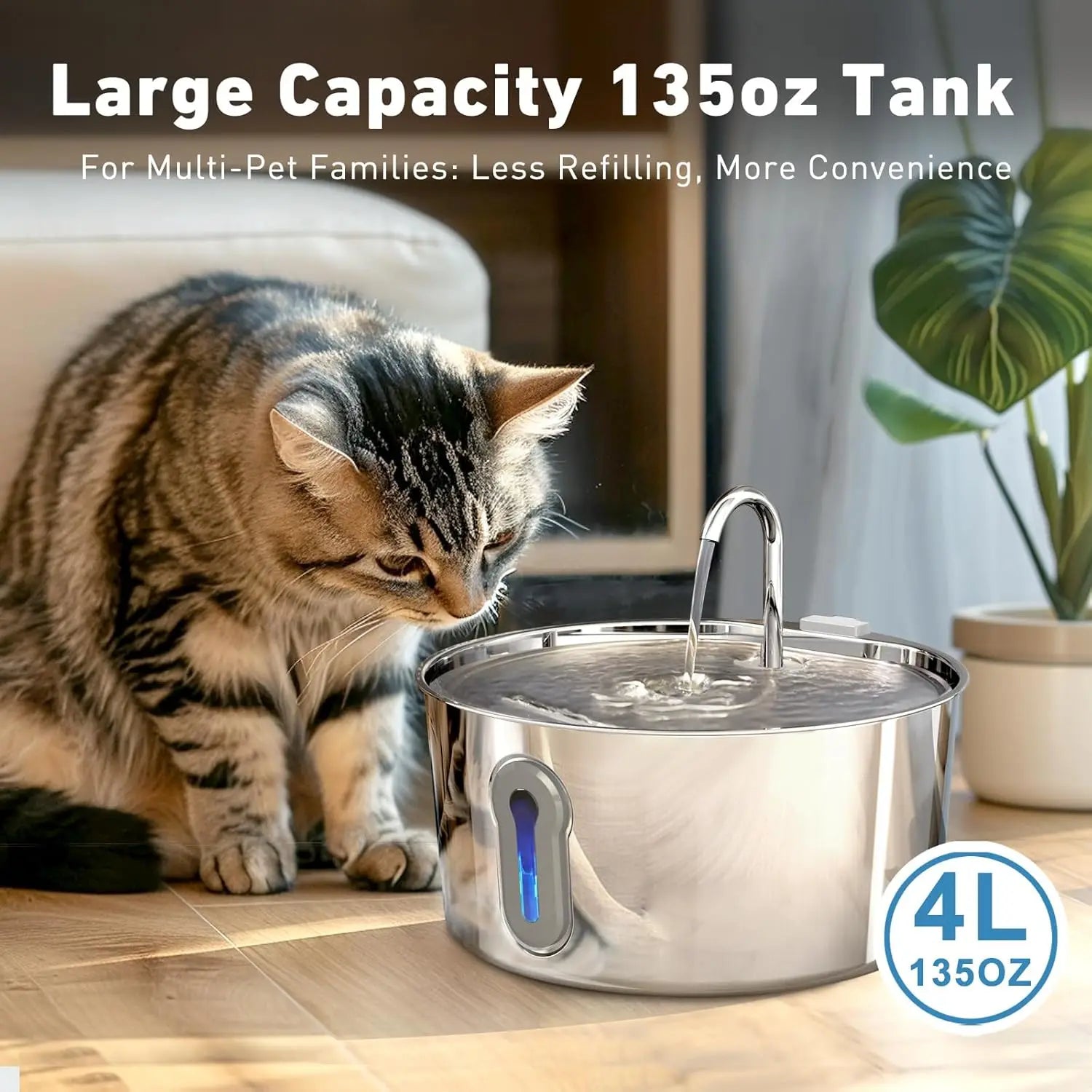 Stainless steel OYES cat water fountain with 135oz capacity, automatic pet dispenser, shown with flowing water and sleek design.
