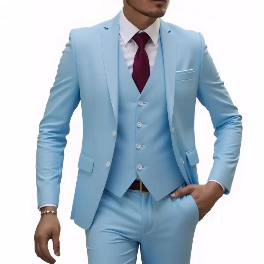 Men's casual 3-piece suit set by Showlu Fashion with solid color blazers, trousers, vest, and waistcoat in 13 color options.