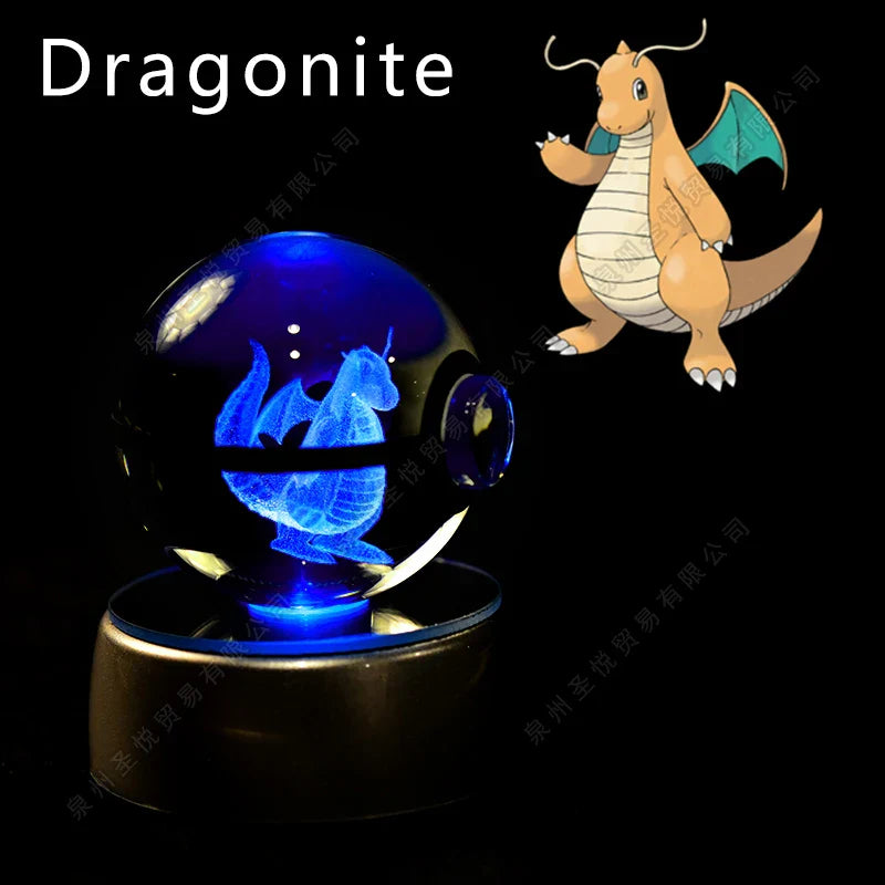 Pokemon 3D crystal ball night light by Miniso featuring LED glass Pokeball lamp with vibrant, detailed Pokémon design.