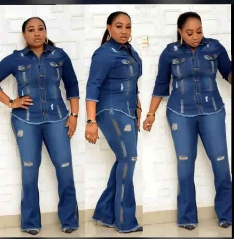 Two-piece women's cowboy suit featuring a denim jean jacket with turndown collar and flare pants, casual stylish outfit.