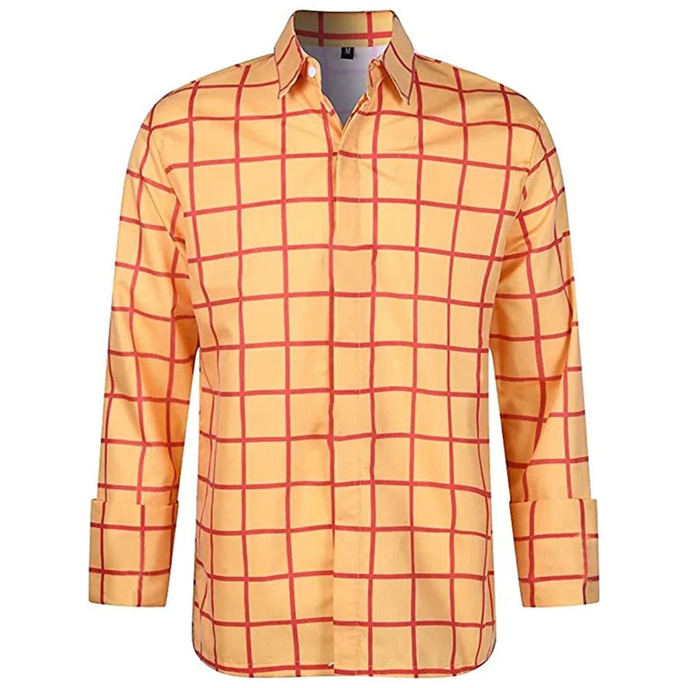 Men's long sleeve plaid shirt with 3D print, casual unisex summer top featuring a lapel collar and vibrant colors.