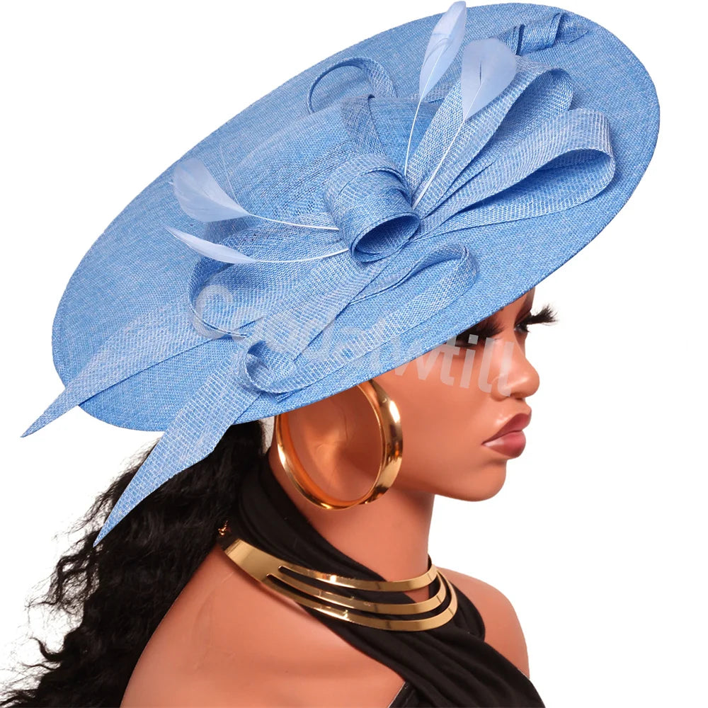 Pink Derby fascinator hat on a headband, large elegant wedding millinery cap with feathers for bridal or race day attire.