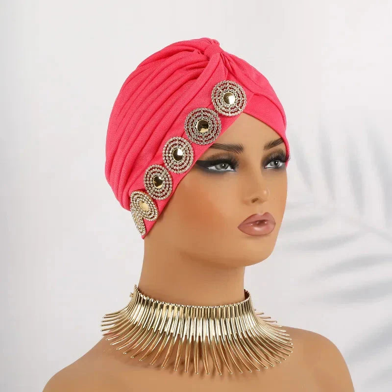 Showlu Fashion women's diamond pleated turban hijab chemo cap wrap, stylish head covering with intricate pleats and diamond details.