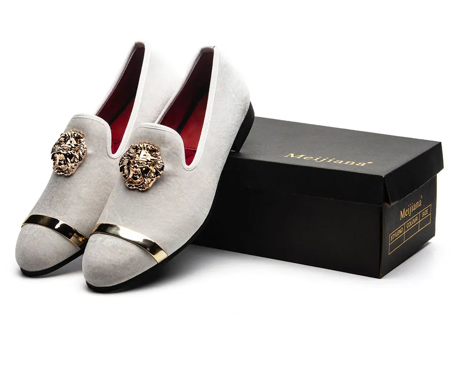 HKGS men's velvet loafers with gold tiger metal detail, stylish party dress shoes from Showlu Fashion Store.