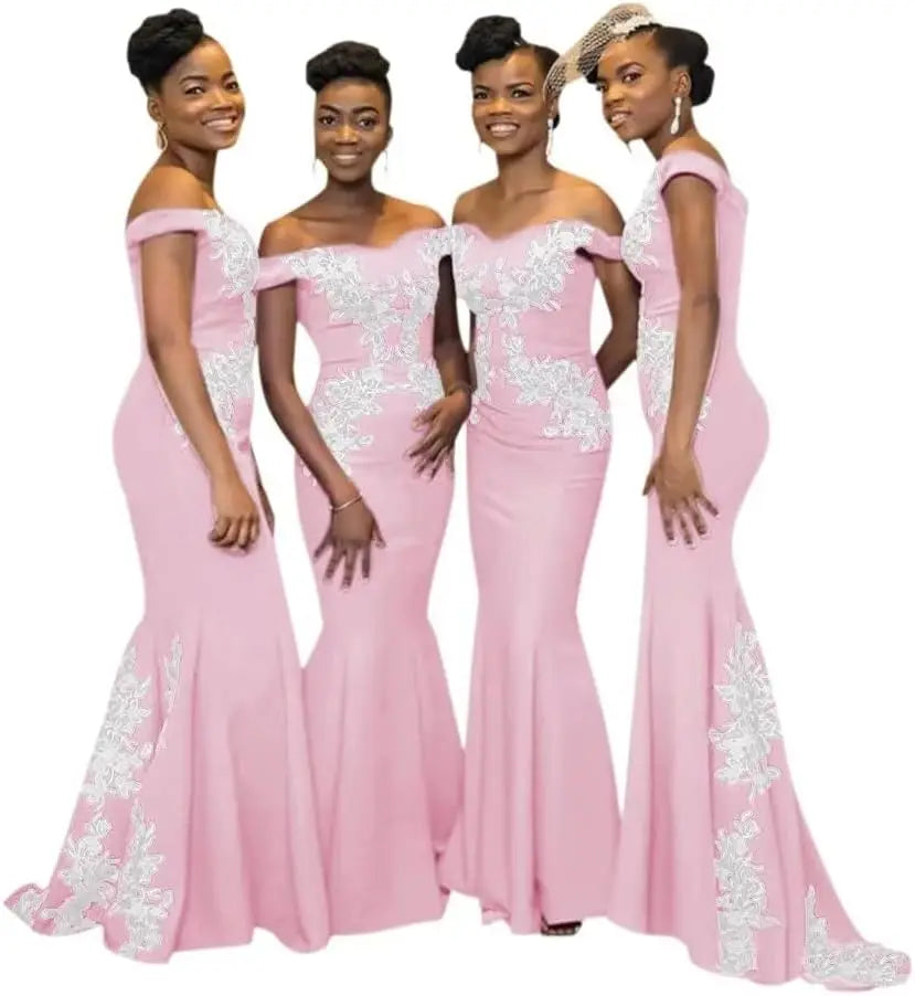 Burgundy off-the-shoulder mermaid satin bridesmaid dress by JC&STAR, featuring a fitted silhouette and elegant design.