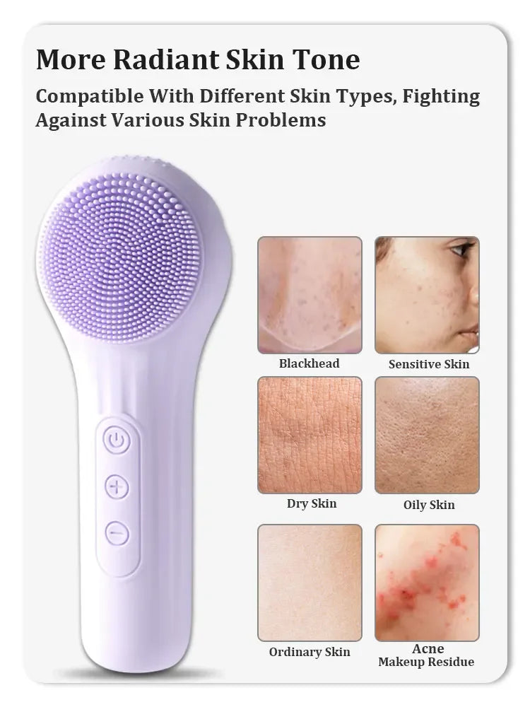 Rechargeable silicone facial cleansing brush by Showlu Smart General, showing bristle detail and sleek design for gentle skin cleansing.