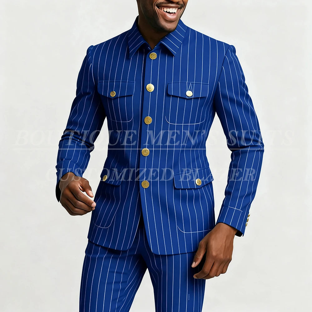 Elegant pinstripe men's suit by Showlu Fashion, single-breasted slim fit 2-piece jacket and pants set with stand lapel.