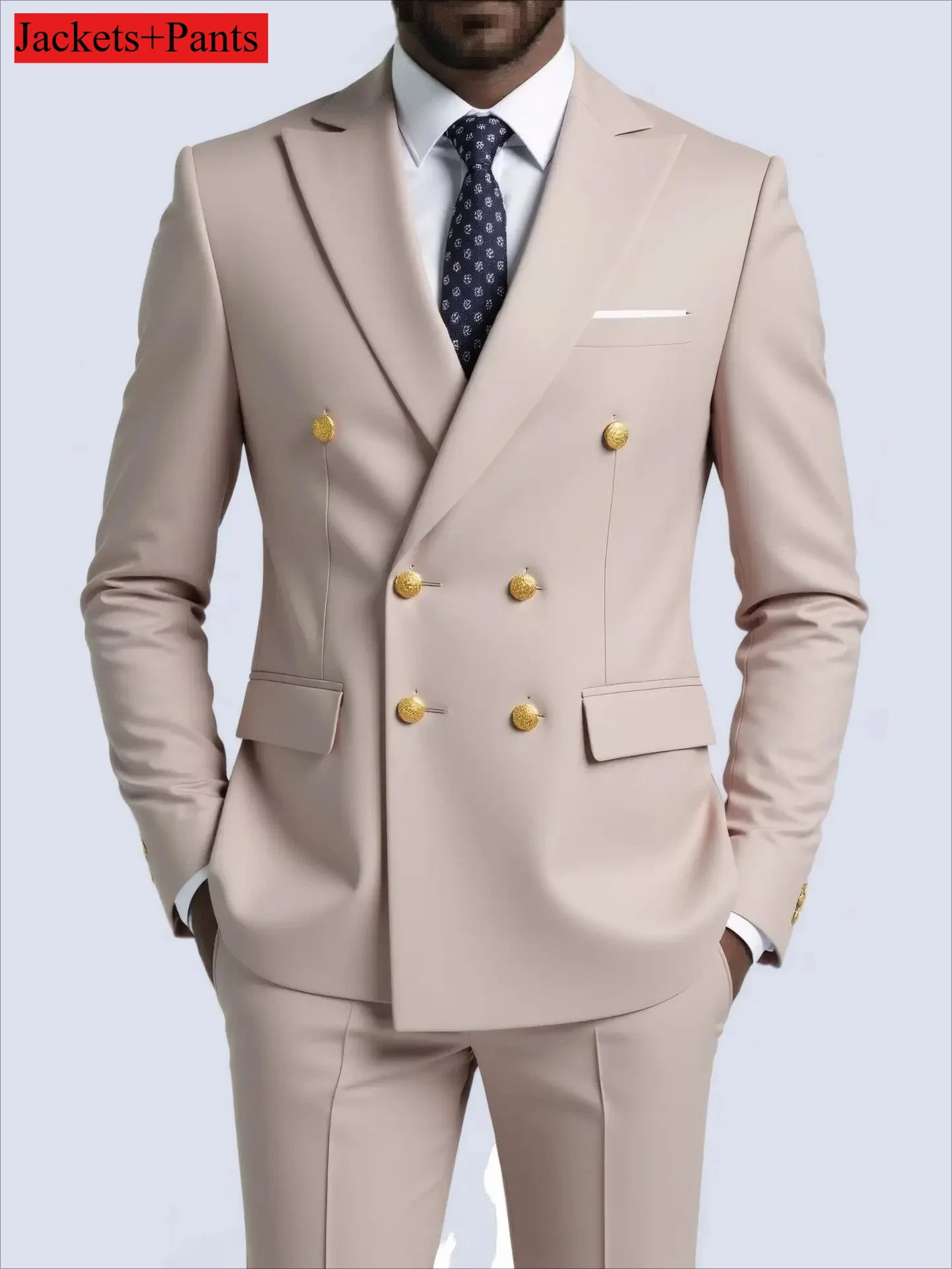Men's black double-breasted slim fit suit with gold buttons, high-quality wedding and party costume, from Showlu Fashion Store.