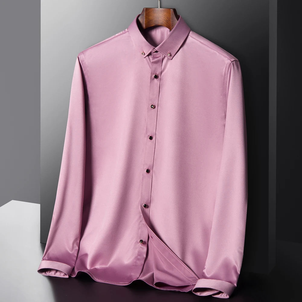 Men's long sleeve silk-feel dress shirt with stretch fabric and diamond buttons, ideal for formal occasions and parties.