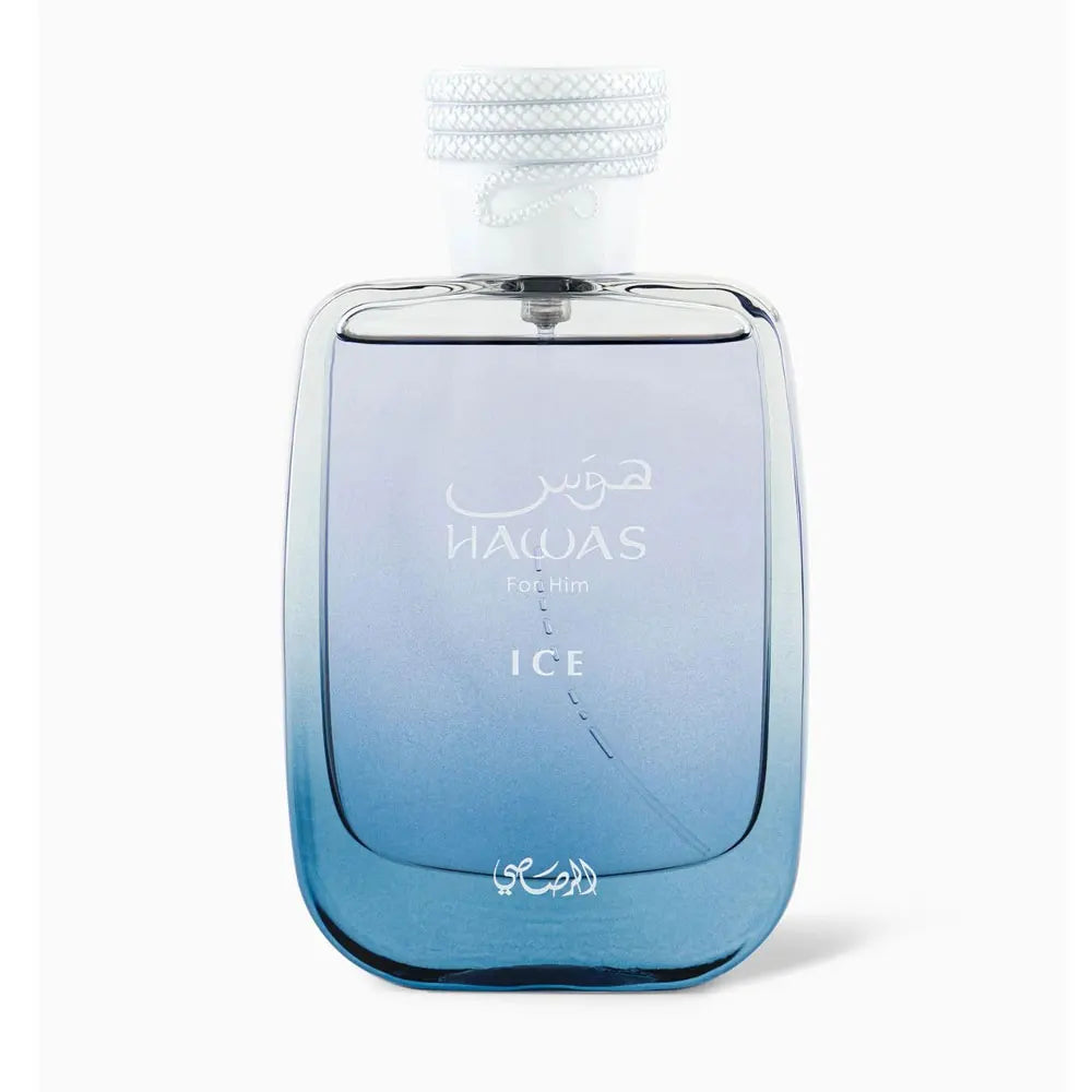 Rasasi Hawas Ice for Men Eau de Parfum in 100ml bottle, Arabian fragrance with a sleek design and fresh, masculine scent.
