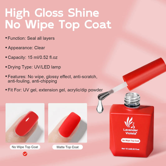 15ml No Wipe Glossy Gel Nail Polish Top Coat, High Glossy Soak Off Gel Nail Polish Need Cured for Home Salon Manicure Pedicure