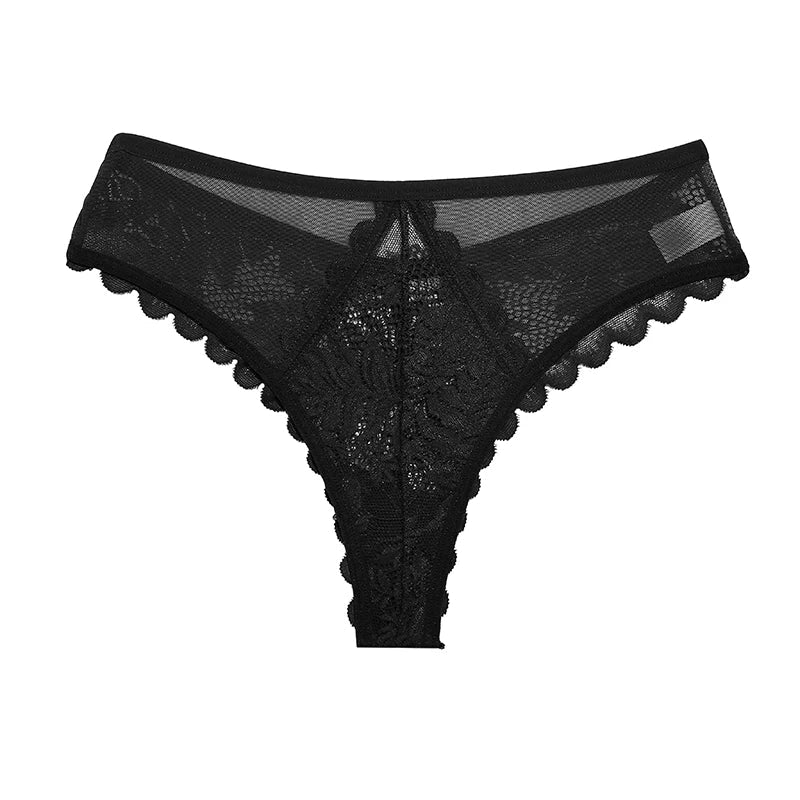 All Of Me women's lace G-string thong in black, low-rise nylon lingerie with delicate lace detailing, shown on a model.
