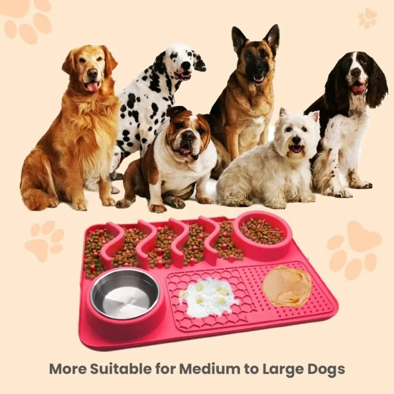Turquoise silicone slow feeder mat with aluminum bowl for pets, designed to reduce anxiety and boredom, measuring 17x11x2 inches.