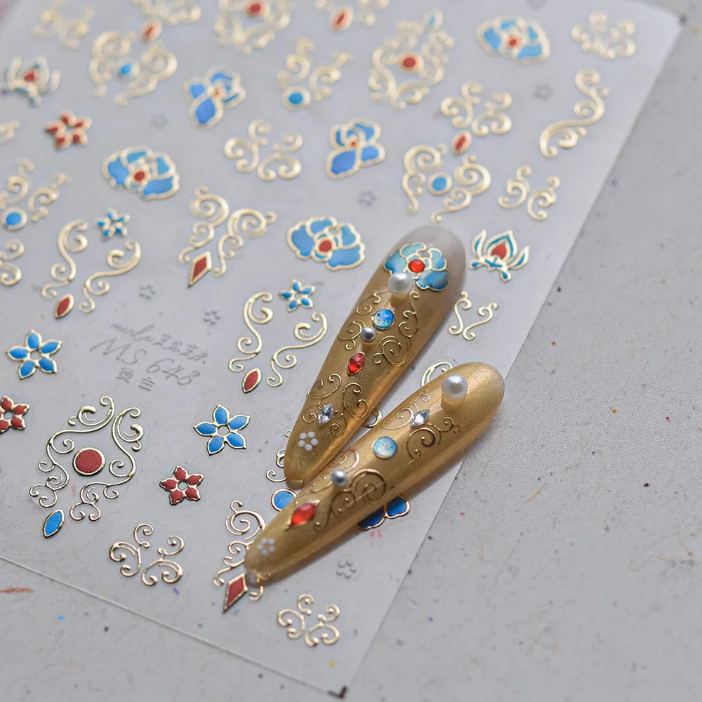 Elegant gold scepter 5D nail art stickers with gemstone pattern, designed for luxurious manicures and self-adhesive nail decals.