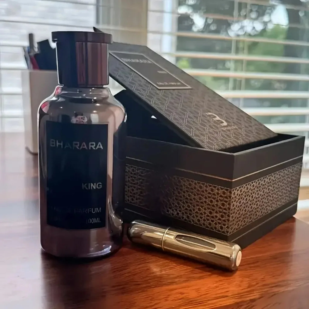 Bharara King Eau De Parfum for Men in 100ml, featuring citrus and amber notes, with a sleek bottle design.