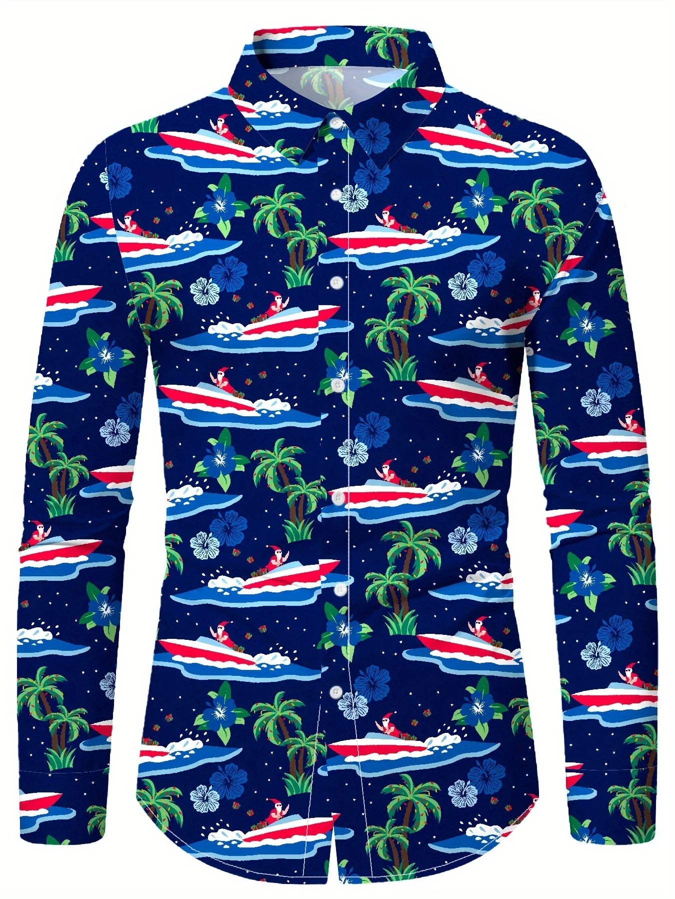 Men's Christmas festival themed formal shirt with 3D printed Christmas tree and Santa Claus graphic, long sleeve design by Showlu Fashion.