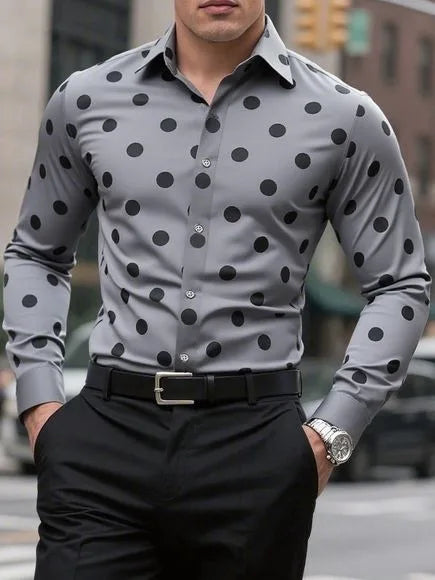 Men's long sleeve spotted lapel casual shirt from Showlu Fashion, breathable and comfortable outdoor versatile fashion piece.